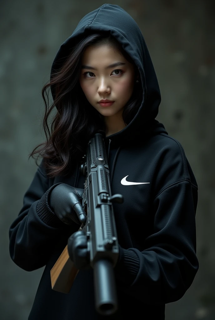 Une brune coréenne aux yeux bridés et cheveux detachée portant un sweat-shirt a capuche noir Nike et un pantalon noir Nike assorti, un tueur avec des gants noirs et une mitrailleuse légère en position de tir