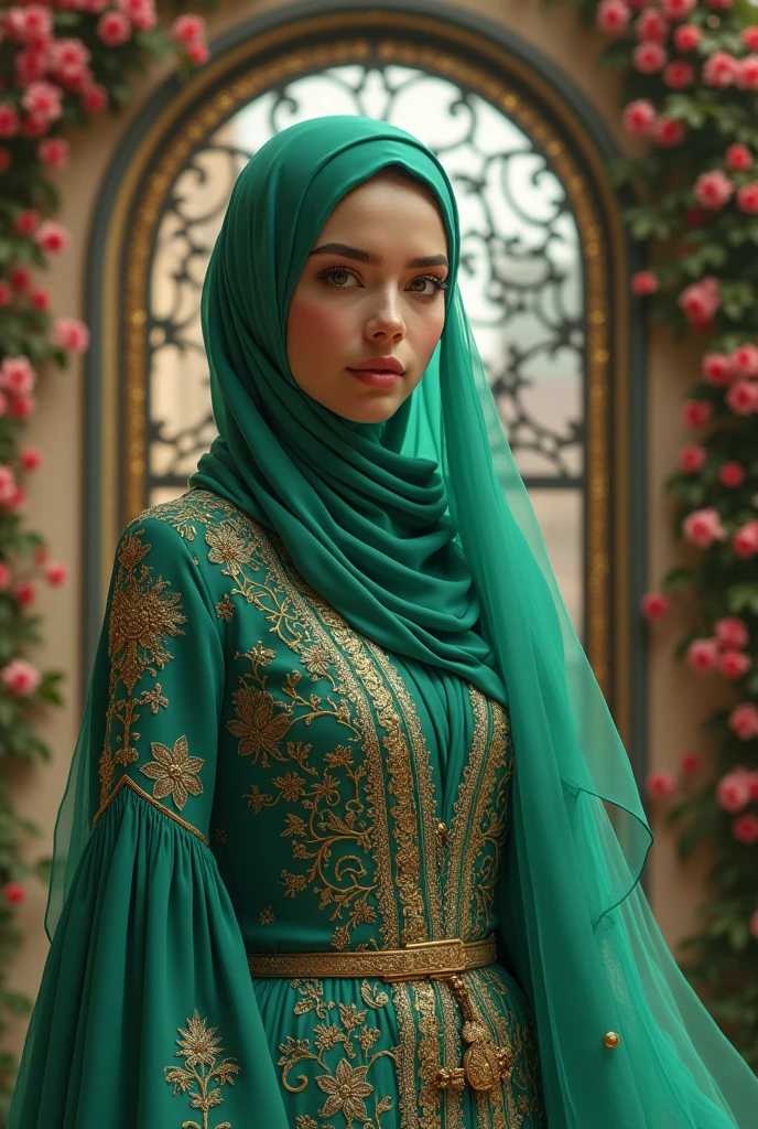 a woman with green hijab and dress in front of a gate decorated with flowers wearing an intricate dress, ornate and elegant, extravagant dress, ornate attire, intricate outfit, ornate gown, intricate and elegant, intricate detailed dress, masterpiece, best quality:1.2),,(8k,highres,RAW photo,realistic,photo-realistic:1.3),(detailed skin texture,detailed cloth texture,beautiful detailed face:1.25),professional lighting,photon mapping,beautiful soft light,radiosity,physically-based rendering,raytracing, model shoot style, model shoot style, 8k wallpaper, full shot body photo of the most beautiful artwork in the world, art digital paintimg. 