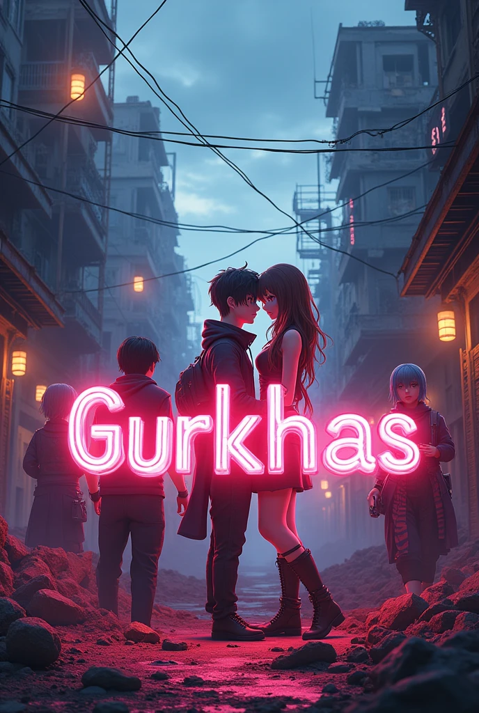 cover with the word Gurkhas in 3D neon , with an anime style couple, gamers, steampunk fantasy clothing, with a destroyed city, based on video games