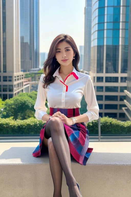 (Colorful collared shirts)、(Midi Skirt:1.2) 、Full Body Portrait、(silk pantyhose)、Sitting、Both legs and high heels look beautiful.、1 girl、Perfect body,Two well-balanced legs、 Perfect hands, (Perfect Face, Perfect Eyes), Accurate,(Perfect Anatomy, Anatomically correct), Perfectly clear and sharp focus、Large Breasts、Modern architecture in the background、((Highest quality、Ultra-high resolution、masterpiece)) 
