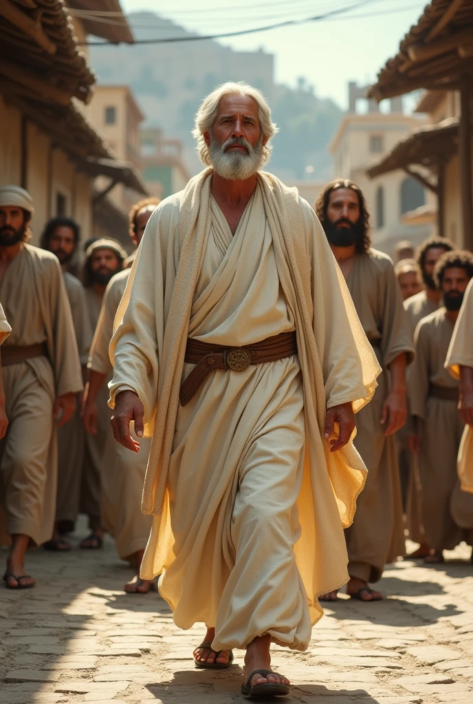 JesusChrist. 3 Realistic image high definition canon photos Man in white robes. Saint with short white hair and white beard on an ayraz street his disciples following him looking forward