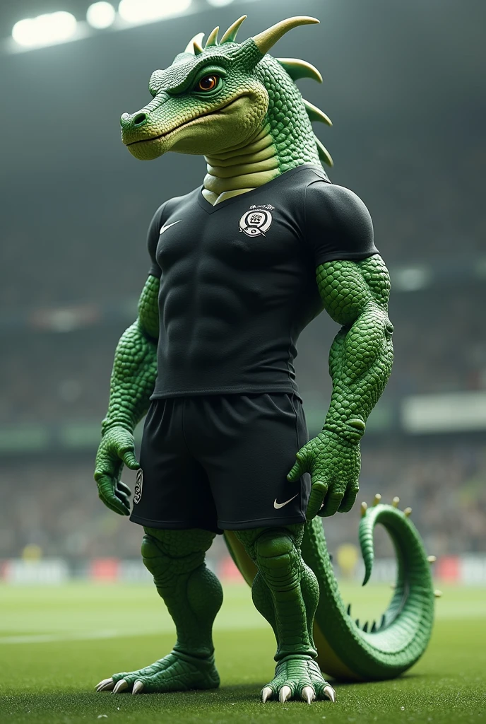Hornless and wingless green dragon with muscular human body wearing black shirt and black soccer uniform