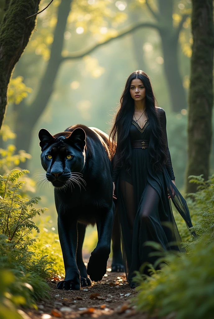 A beautiful girl from the magical forest with long dark black hair and fair skin walks beside a big black panther. This scene has a movie, natural light and high-quality, ultra-realistic photography at high resolution.