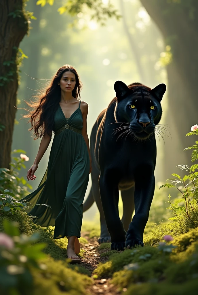 A beautiful girl from the magical forest with long dark black hair and fair skin walks beside a big black panther. This scene has a movie, natural light and high-quality, ultra-realistic photography at high resolution.