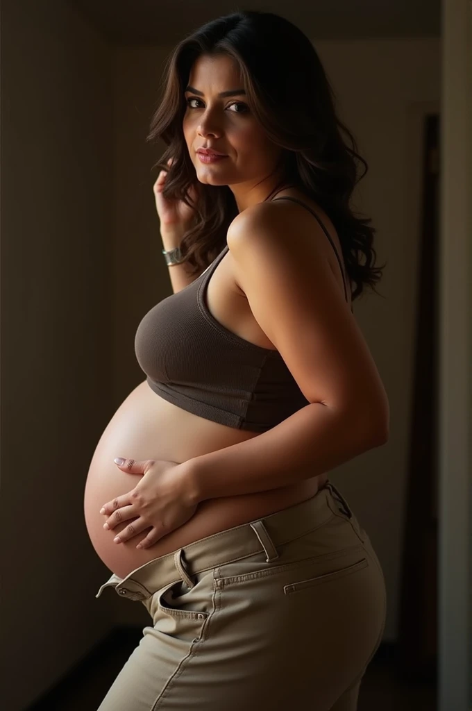 Slightly chubby pregnant brunette Spanish woman, thick hips, huge fat juicy butt, huge pregnant belly, wearing tight tank top and tight unbuttoned khaki dress pants, biting bottom lip, light makeup, hand on butt while the other moves hair out of her face, arched back, butt sticking out, blushing, side view,