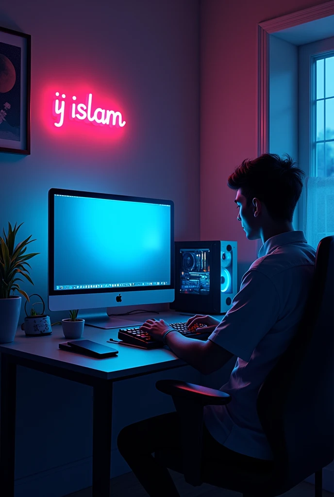 A captivating digital illustration of a personal
gaming room, exuding a dark and cozy ambiance.
The apple monitor is off, but the minimal RGB
neon lighting on the CPU and gaming keyboard
casts a soft glow. A low light from a lamp creates
shadows around the room, enhancing the moody
atmosphere. A distinct neon sign reading "Ij Islam" in vibrant neon Blue colors adorns one
corner of the space. The desktop is illuminated
by a subtle RGB neon backlight, creating an
immersive and inviting gaming sanctuary. font to
be in minimal style
