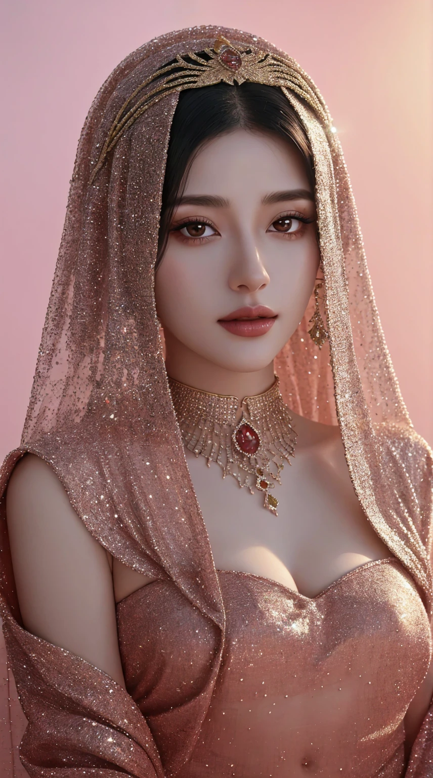 a close up of a woman wearing a gradient red crystal jewel veil and a gold head piece, stunning digital illustration, face covered in beautiful veil,4k highly detailed digital art, beautiful digital artwork, arabian beauty, beautiful digital illustration, 8k stunning artwork, 8k high quality detailed art, intricate wlop, detailed beauty portrait, arabian princess, detailed beautiful portrait, beautiful art uhd 4 k