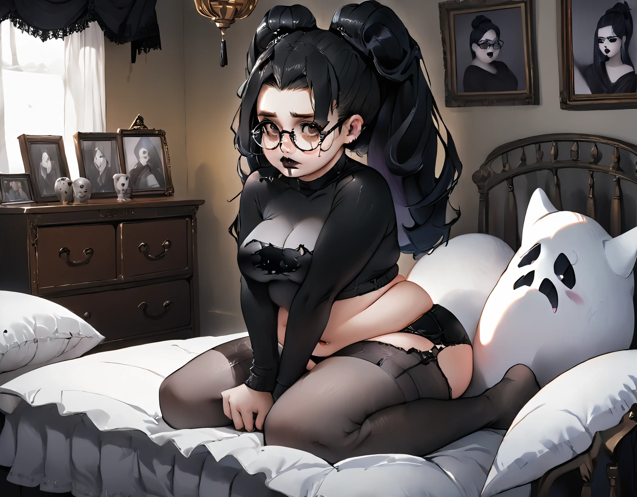 Oddly pretty goth woman,, , detailed statue, focus on detail,  black lipstick, black ponytail, large round glasses, bbw, extremely tight compression shorts, skindentation, ghost house background, dark lighting, large bare feet, masterpiece, double chin, ahegao face, blush in cheeks, open mouth, pillow humping, crotch rub, kneeling on bed, pillow between thighs, detailed face