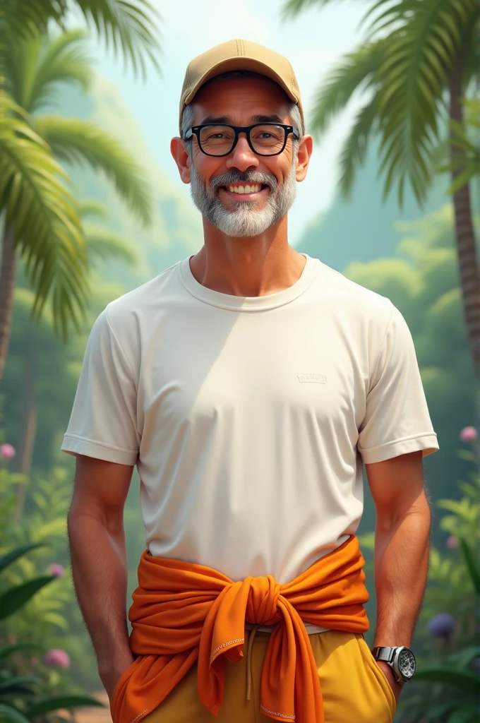 Please draw me a picture of a man, wearing a sarong, wearing a cap, wearing glasses, wearing a plain white t-shirt, standing and smiling.