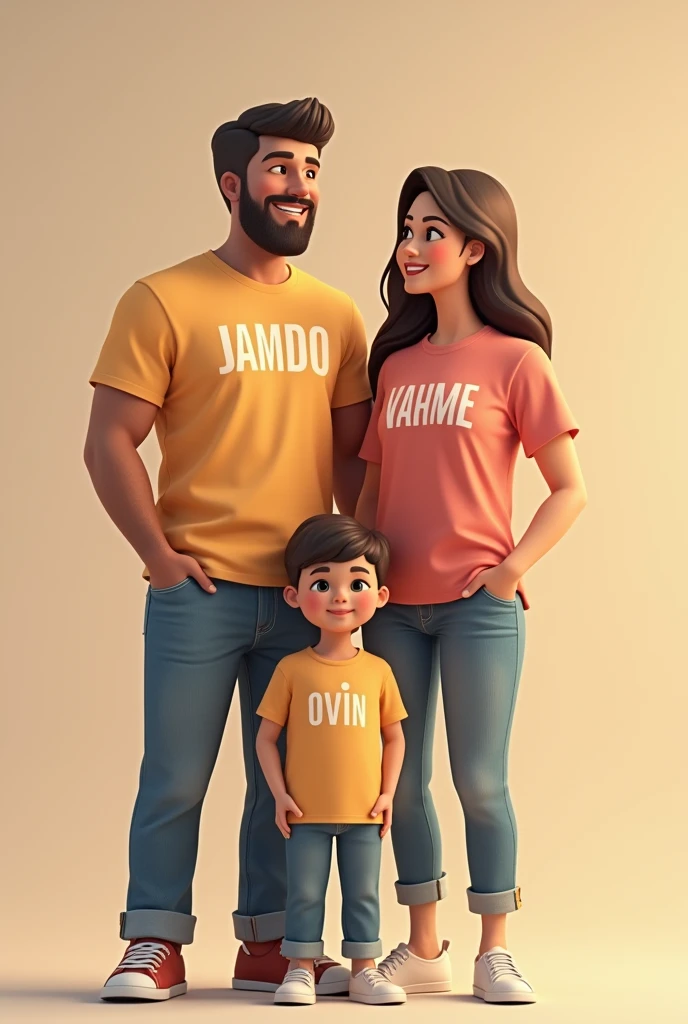 A family with matching letter shirts men T, woman D child A