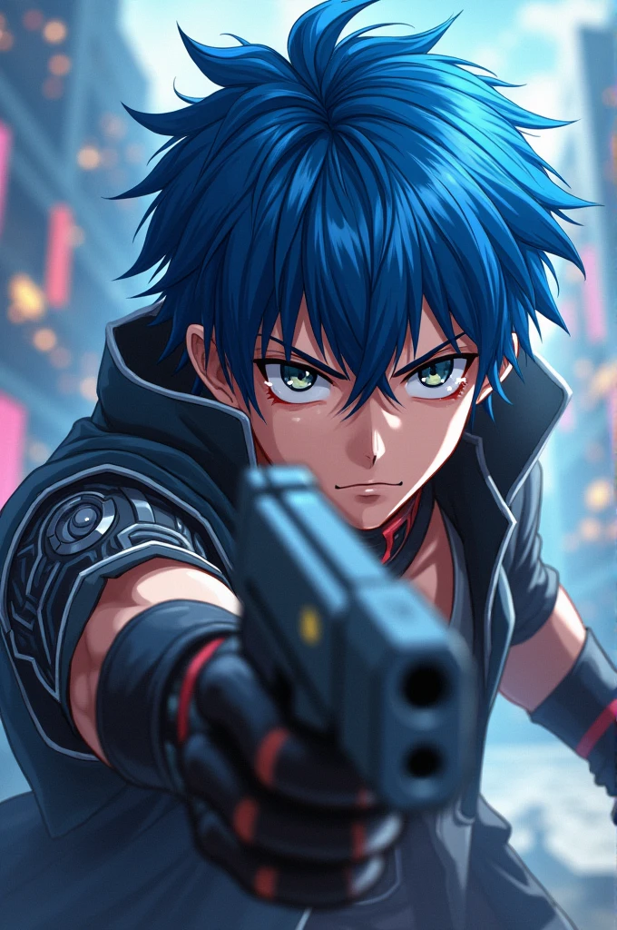 Male anime character with gun in hand and blue hair