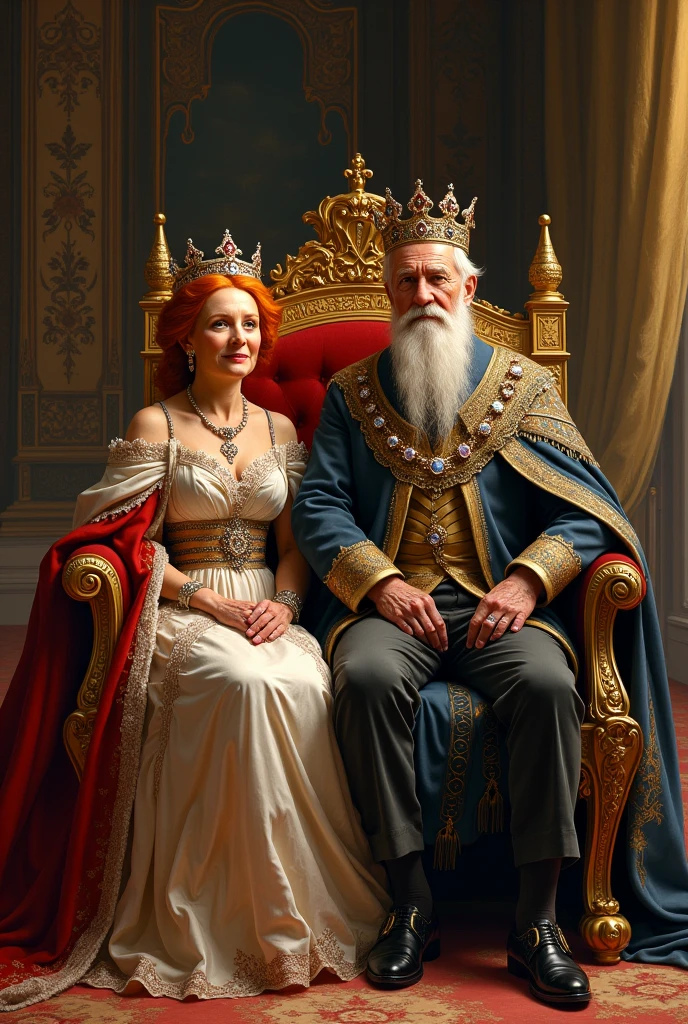 An old lady with orange hair and an old man with black hair, Queen and King in an official royal photo