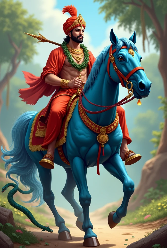 A king's complexion is fair or he has a Tulsi garland in his neck. He has a jevlin on his forehead. The king has a Rajasthani turban on his head. He is riding on a blue colored horse. The horse is also very powerful and is also very beautiful. Along with the horse, a snake is also walking with his he wear red dress like a king 