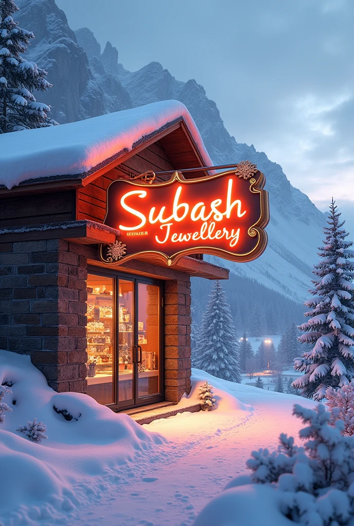 Subash Jewellery Name board at California city with snow background