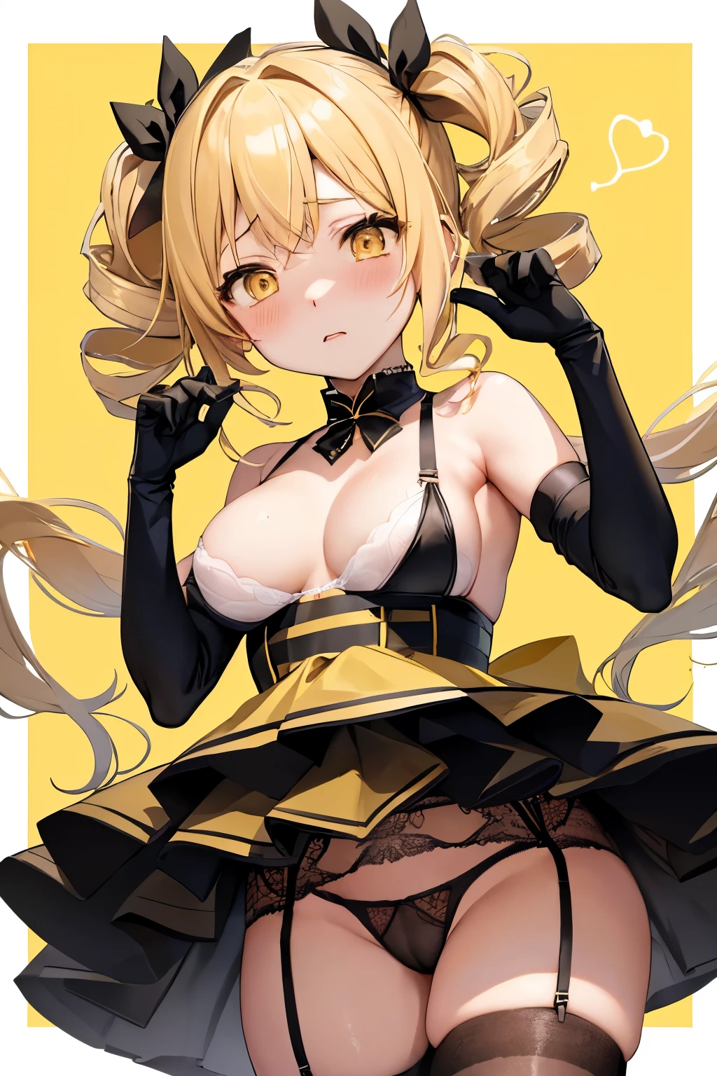 (Highest quality:1.2),  alone, One woman, Tomomi, blonde hair, drill hair, twin drills, (yellow eyes:1.3)、(blush:1.1), Embarrassing, View your viewers, ((Black Bra))、((Black Panties))、((Black long gloves))、((Garter Stockings))、((Photo from below))、