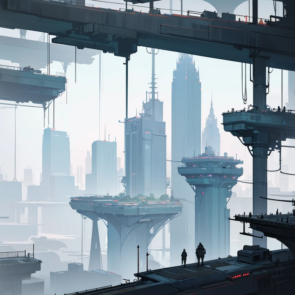 Panoramic view of a large landscape of a mega metropolis city with a futuristic retro future style with large buildings and large skyscrapers of sizes of 900 meters high that the buildings have all kinds of shapes and geometric shapes and not only rectangular shapes but all kinds of shapes that the buildings are made of dark black metal and that the city is super technologically advanced that the city has streets and some small buildings ,that it has a dystopian style and that there is fog and that the architecture of the city is that it has all kinds of shapes