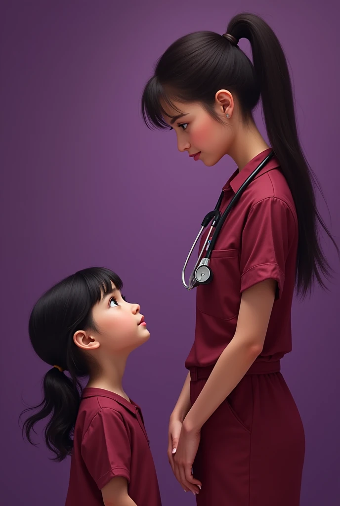 young girl, female doctor in maroon uniform and purple background