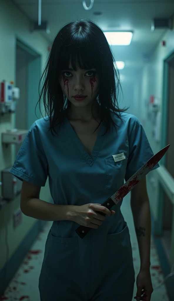 Best quality,1 Girl，(20 years old,Black hair,Dark Nurse,Nurse Clothing),Eyes sparkling,(Holding a bloody knife),(Evil smile:1.3),whole body, Sexy body,White skin,Pale skin,Chest,(whole body:1.3),(crazy:1.3), (Destroyed hospital,Electric Spark,(Very dark:1.5),dirty, Messed up,(In the operating room:1.3),night),(Dynamic Angle:1.8),Dynamic poses,Long Shot,landscape,[fear:2.0],Dynamic Angle