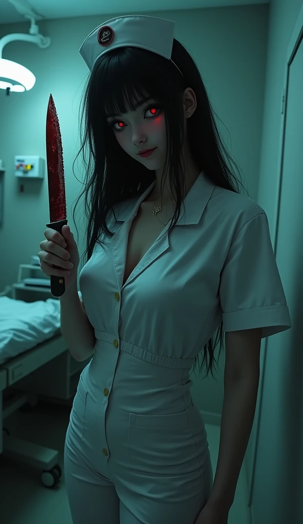 Best quality,1 Girl，(20 years old,Black hair,Dark Nurse,Nurse Clothing),Eyes sparkling,(Holding a bloody knife),(Evil smile:1.3),whole body, Sexy body,White skin,Pale skin,Chest,(whole body:1.3),(crazy:1.3), (Destroyed hospital,Electric Spark,(Very dark:1.5),dirty, Messed up,(In the operating room:1.3),night),(Dynamic Angle:1.8),Dynamic poses,Long Shot,landscape,[fear:2.0],Dynamic Angle