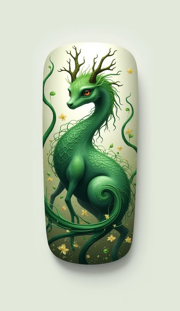 Create a green animal art style nail design in wine colors in an square shape with a white background with realistic fingers
