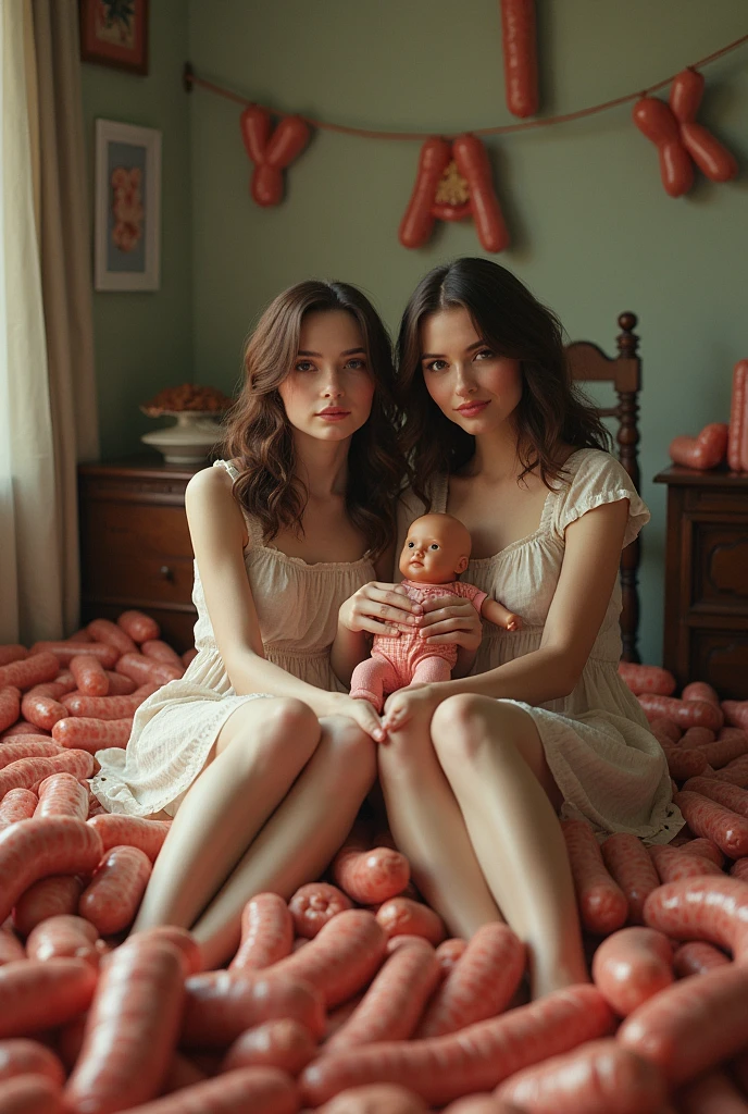 A 2 woman with white skin, wavy brown hair, is sitting on her bed in her room and the room is full of sausages everywhere, in the bed on the bureau on the floor, she is with a smile and a baby doll.