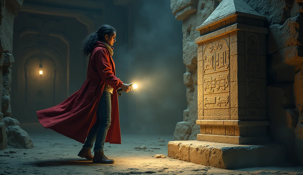 seed 954758523. (She approaches the artifact, an ancient, intricately designed statue with inscriptions in a language she doesn't recognize. As she touches it, the lights flicker, and she hears faint whispers surrounding her.) maya seed is 1342503350, wearing red long shirt jacket with blue jean and holding flashlight.