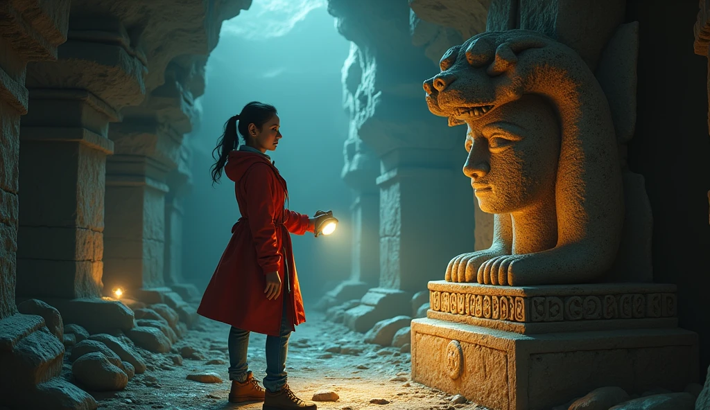 seed 954758523. (She approaches the artifact, an ancient, intricately designed statue with inscriptions in a language she doesn't recognize. As she touches it, the lights flicker, and she hears faint whispers surrounding her.) maya seed is 1342503350, wearing red long shirt jacket with blue jean and holding flashlight.