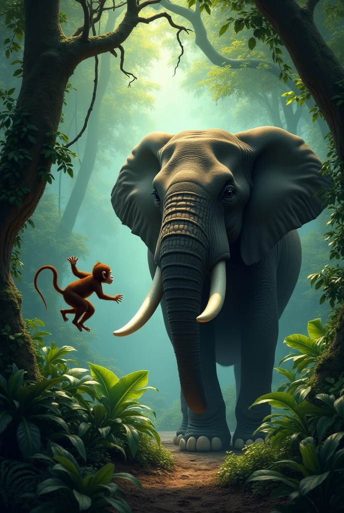 A monkey coming with elephant in a dark green forest