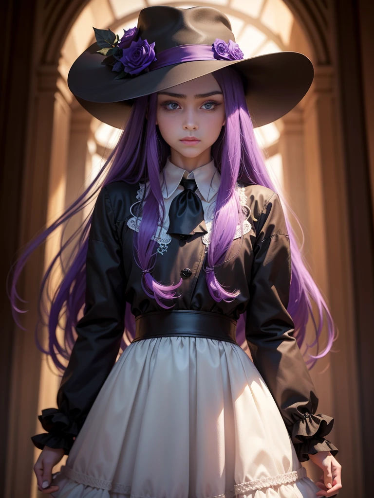 Alone, Long hair, High resolution, looking at the viewer, violet eyes, masterpiece, The best quality, anatomically correct, Awarded many times, detail, HD Model, details altos, high quality, quality, Very detailed, UHD, Closed mouth, serious, pale, Fedora, blurred, young, Chico, man, 1male,