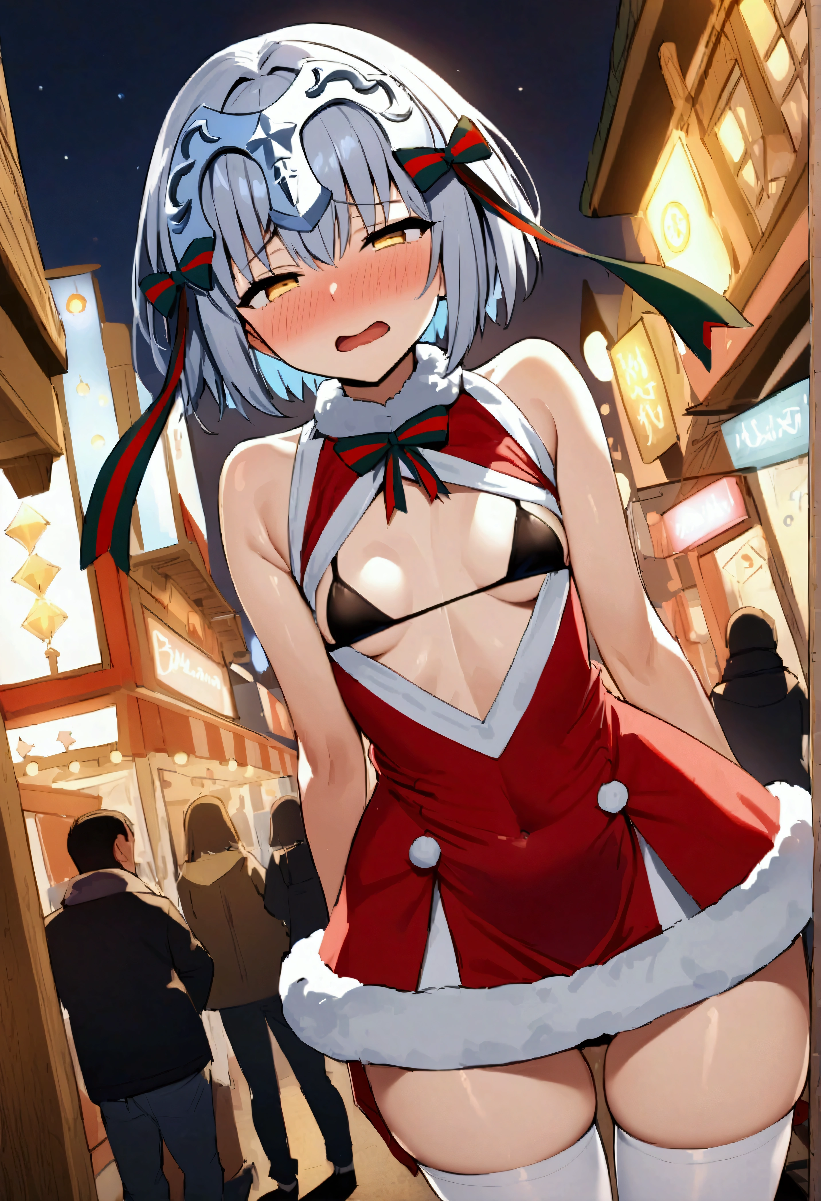 NSFW,masterpiece,Highest quality,High resolution,Very detailed,Joan of Arc Horta Santa Lily\(Fate/grandorder\),Gray Hair,Headpiece,Golden Eyes,Small breasts,Santa costume,Black bikini top,Knee socks,Nightlife,In town