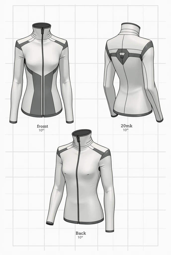 Design a futuristic, minimalistic jacket using a schematic style illustration. The jacket should feature a high, standing collar and be primarily white with 70% coverage, complemented by 20% grey accents and 10% black highlights. Include a simple, geometric pattern along the shoulders and chest. Display the jacket in front, side, and back views, using a grid background and clean, precise lines. The design should look like a flat technical drawing, emphasizing simplicity and clarity, with a focus on shape and form