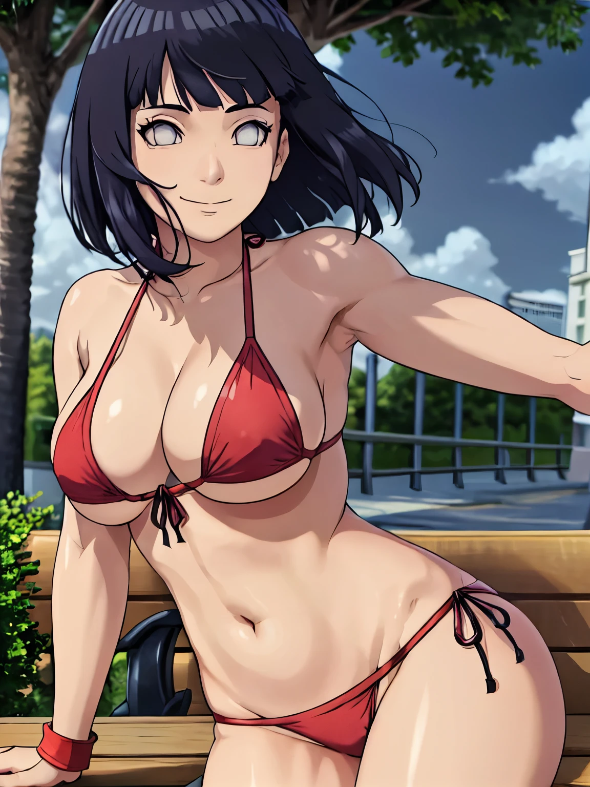 (hinata\(boruto\), (high quality:1.8), upper body:1.5, (curvy figure:1.5), leaning, ((lying on bench:1.6)), ((arm resting bench:1.7)), (hand details:1.4), (Wristbands:1.3). (shiny skin:1.4), (face details:1.3), (elbow:1.8), (ultra detailed body:1.4), (hand waving:1.4), (anime, tall woman, cowboy shot, (defined biceps arms:1.2), ((red thong, bare arms, bare arms, bare shoulders)), (long belly:1.5), (bikini:1.1), (wide shoulders, off-shoulders), smile), ((big breasts:1.0)), closed mouth), ((pale skin)). ((dark blue:1.3, short hair, hime cut، loose hair, floating hair, floating hair:1.0), (pussy:1.3), (windy:1.5)
