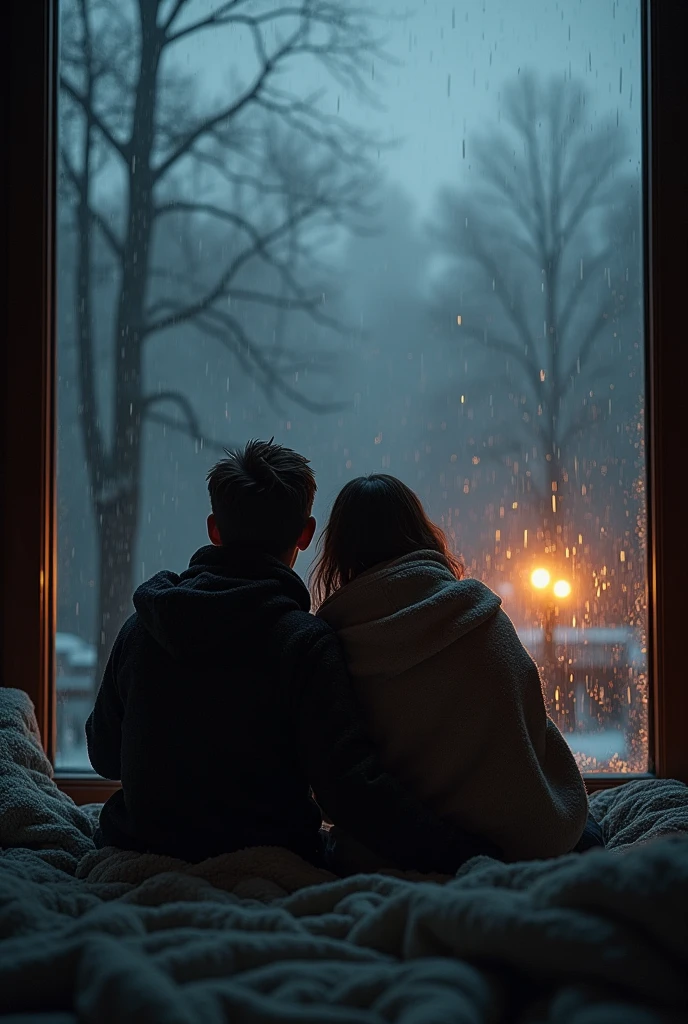 A beautiful cold night. Raining outside ,it was a very nice weather. A boy and a girl is laying on the bed under the blanket...they are planning their futures and dreaming about it. The windows are open .window open and beautiful view realistic image