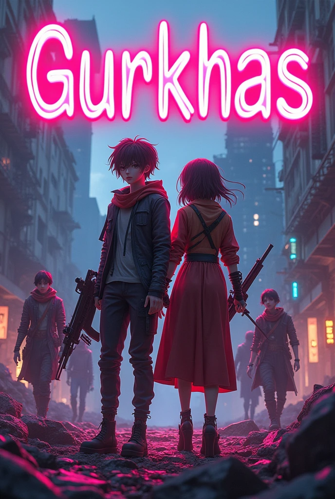 cover with the word Gurkhas in 3D neon , with a couple with anime style weapons, gamers, steampunk fantasy clothing, with a destroyed city, based on video games