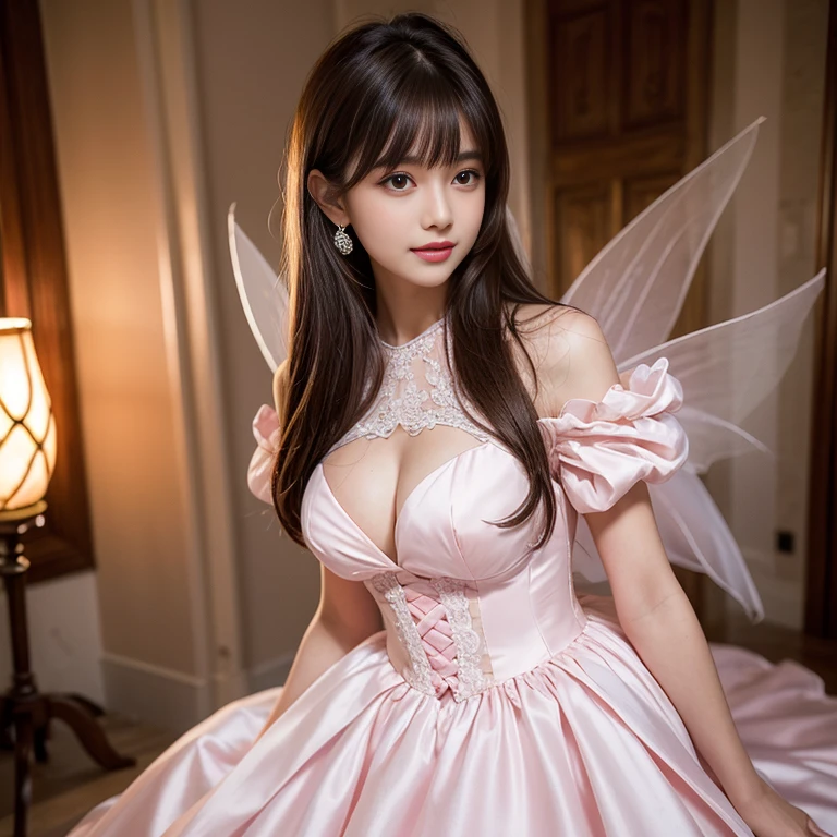 laughing out loud,(knee shot), 1 girl, light brown hair, blunt bangs, hair behind ears, Hair over the shoulders, long hair, Slender body type, Super thin face, face slimming, delicate lips, beautiful eyes, Thin blush, Eyes are light brown,Check it out here, (realistic:1.3), 8k, , Super detailed, high quality, best quality, High resolution,Wear pink wedding dress,Wear a big dress,wear princess dress,Wear a wedding dress,fairy princess dress,in the castle,Wedding ceremony,gauze dress,Wedding dress,Large gauze skirt禮服,tutu dress,Large skirt,Big hem,Large gauze skirt