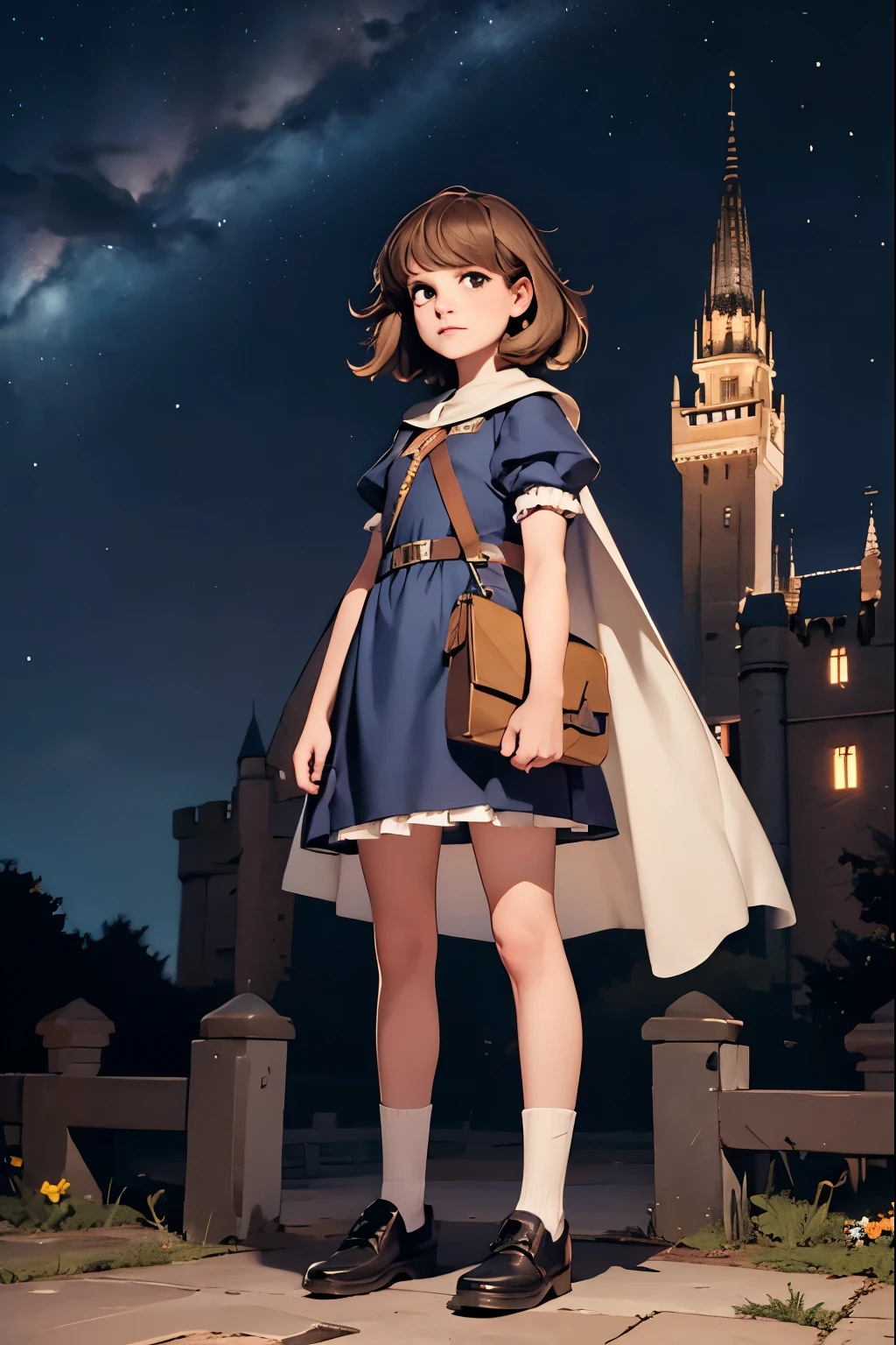 night sky, castle, 1girl, standing, solo, full body, , maribe, puffy short sleeves, cape, bag