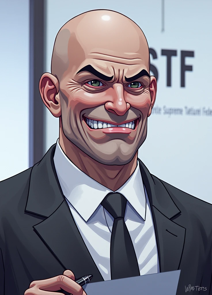 A completely bald Supreme Court Justice with a sarcastic smile with a pen in one hand and in the other hand with a writing sheet "I am the Law" Ao fundo, a wall with the word STF written on it