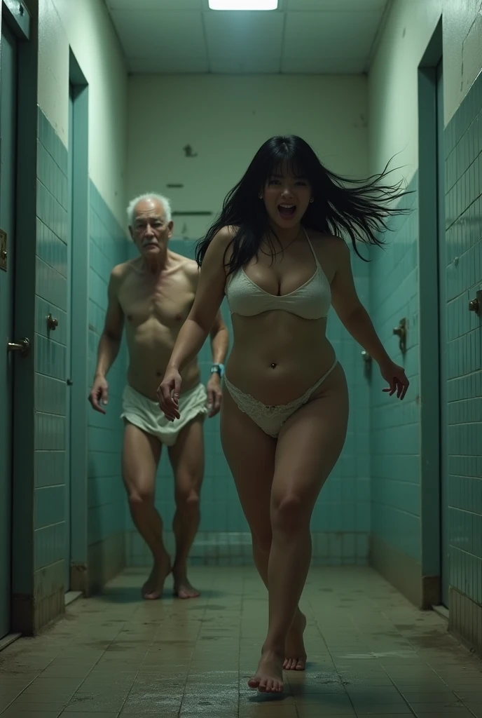 (A dirty public restroom).A terrified woman runs away as an old man in only his ????????? chases her ???????????..((Korean woman with black hair).
A woman with ????????????.Busty woman. Woman wearing a big bra.
A woman running away while covering her body.Korean actress female.Korean girl group women.Woman in her 20s.