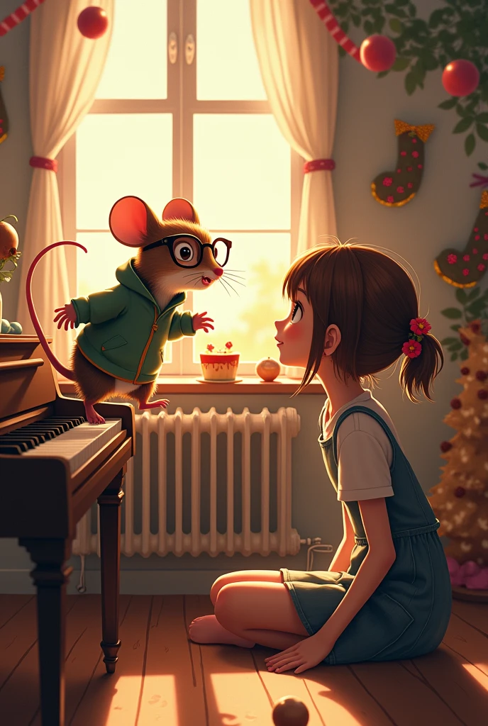 Radiator on back wall, with party decoration, Chocolate and nougat and anise balls  with light brown hair with a flower adorning one side of her hair, sitting next to a piano and watching a beautiful, little mouse with glasses and jacket singing and dancing on the piano Birthday party for "Allison" Animated Colors Photography Anime, photo, illustration, typography, vibrant, Graffiti, portrait photographyLess
