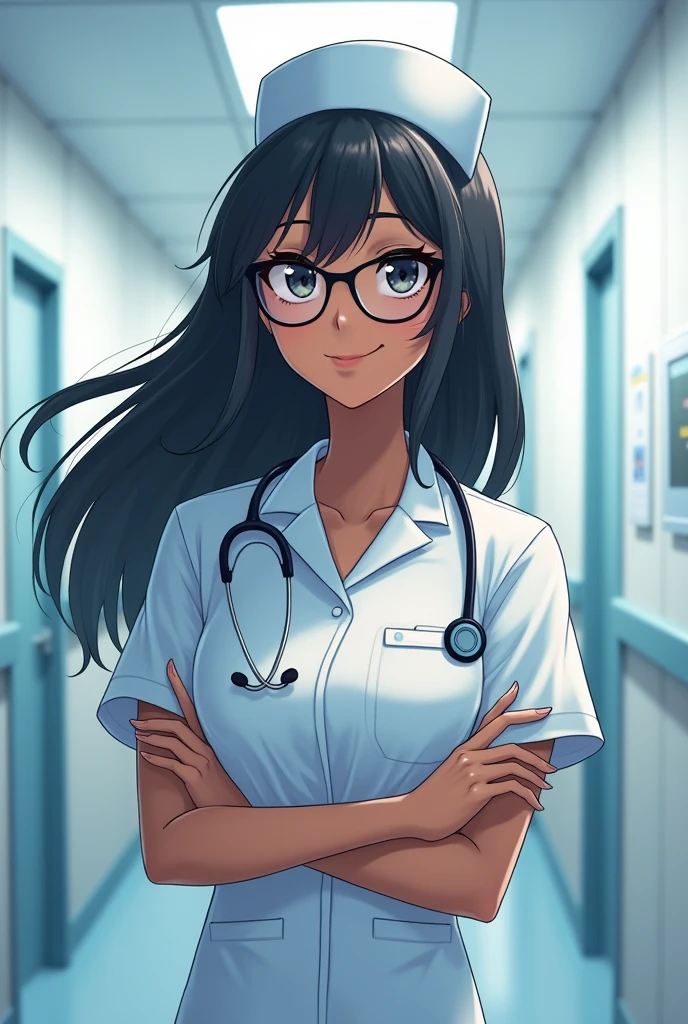 A black nurse with glasses has to be animated or anime Straight hair