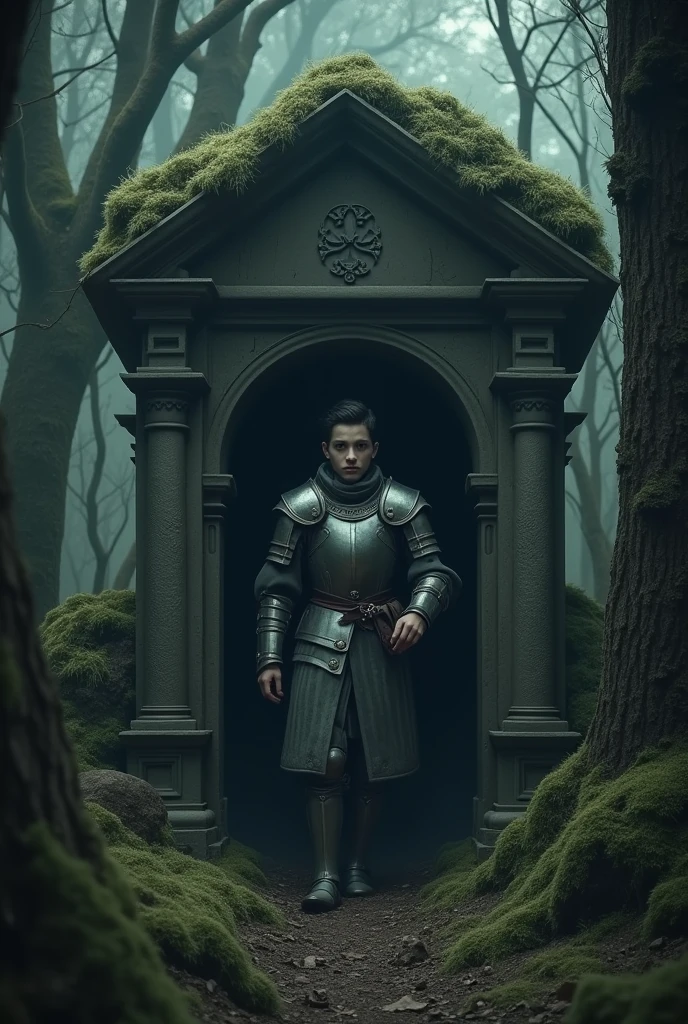 Create the image of a man, pale, muito pale, of 16 or , blackquality hair, and brown eyes in medieval soldier clothing wearing light armor, in a dark forest coming out of a tomb