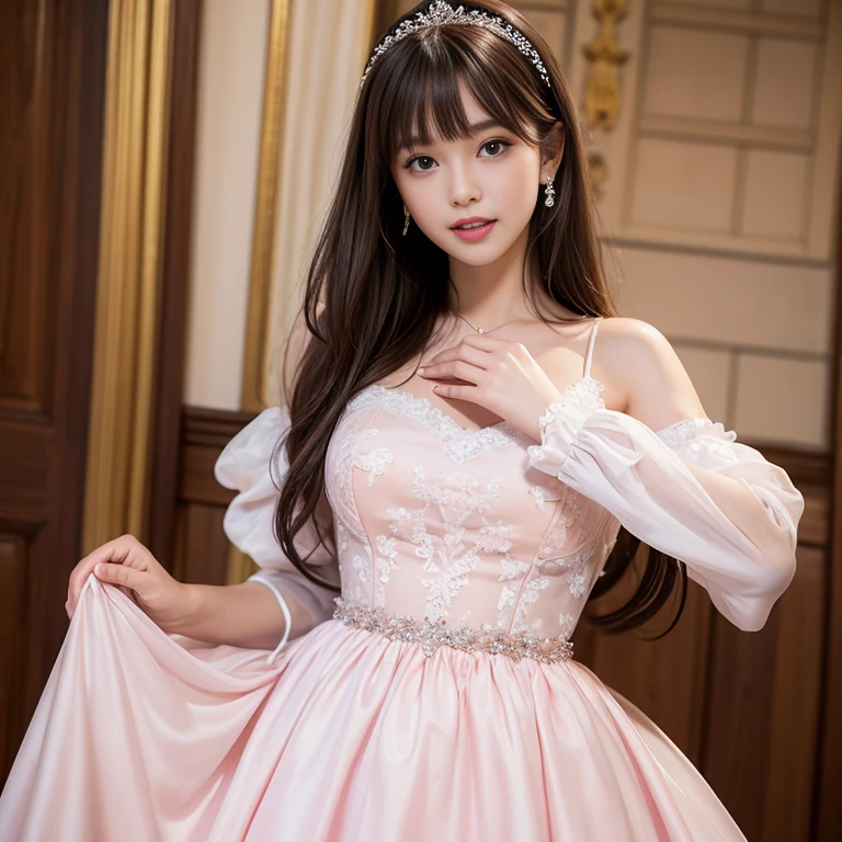 laughing out loud，(knee shot), 1 girl, light brown hair, blunt bangs, hair behind ears, Hair over the shoulders, long hair, Slender body type, Super thin face, face slimming, delicate lips, beautiful eyes, Thin blush, Eyes are light brown,Check it out here, (realistic:1.3), 8k, , Super detailed, high quality, best quality, High resolution，Wear pink wedding dress，Wear a big dress，wear princess dress，Wear a wedding dress，fairy princess dress，in the castle，Wedding ceremony，gauze dress，Wedding dress，Large gauze skirt禮服，tutu dress，Large skirt，Big hem，Large gauze skirt，2