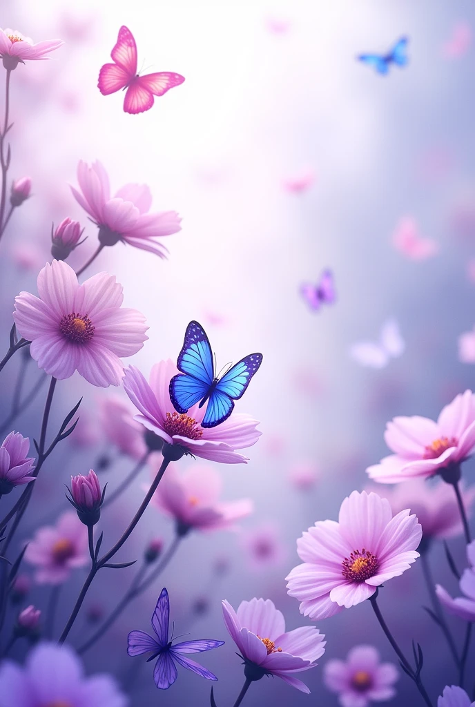 Soft purple flowers々Beautiful landscape with butterflies。Flowers in different purple tones、It blooms gracefully。The butterflies are colorful too.、The blue-purple butterfly is especially eye-catching.。The background is light in color、The overall atmosphere is dreamy.。There is light reflection、This is a scene that exudes splendor and delicacy.。