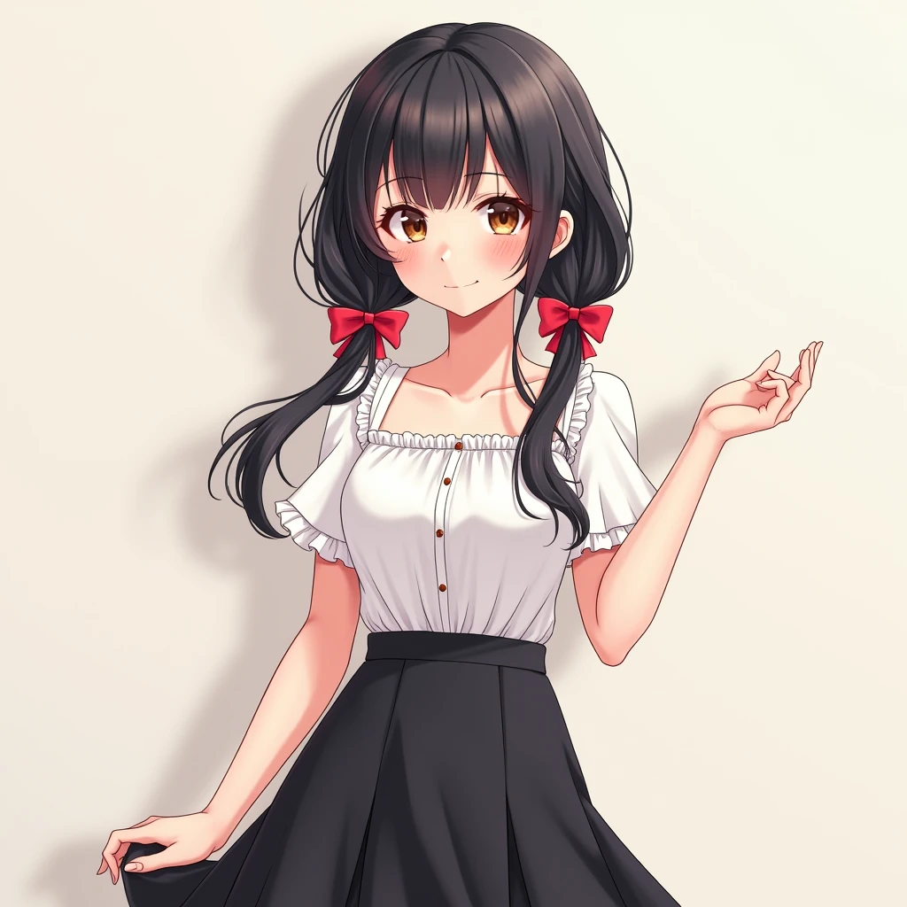bishojo game,
1girl,
She is wearing a short sleeves frilled collarless white blouse.
She is wearing a black flared skirt with no pleats.
She is wearing Casual clothes.
She has a very long low twintails with red ribbons. black hair.
Late teens, Small breasts, Has dark brown eyes.
from front.