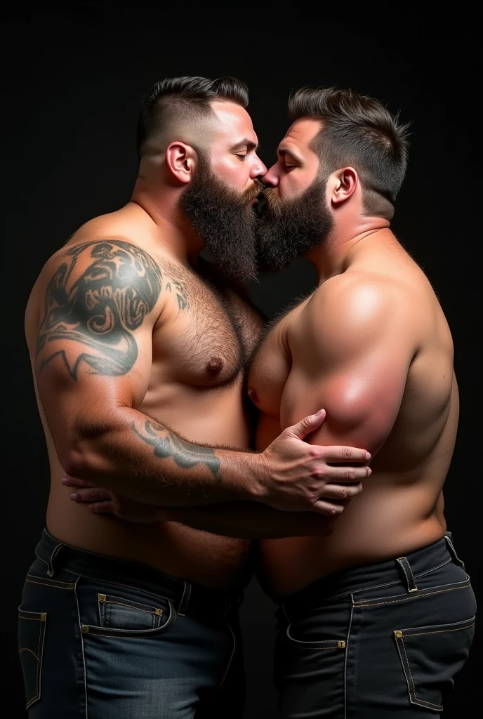 "8KUHD Very Realistic Very Detailed High Quality Create a professional studio-style photograph featuring two 4 men, hdr burly, hdr hairy, hdr beared big daddy bear, and hdr very realistic detailed rugged man and his husband in boxers. Hdr very realistic beards, very hdr realistic hair, very hdr realistic beards, hdr very realistic thick chubby fat neck, hdr very realistic neck details, hdr very realistic neck lines, hdr very realistic belly, hdr very realistic chest, hdr very realistic strong chest and arms, hdr very realistic hairy chest and arms, hdr very realistic pecs, hdr very realistic burly body, hdr very realistic nipples, hdr very realistic burly body, hdr very realistic face, hdr very realistic eyes, hdr very realistic nose, hdr very realistic ears, hdr very realistic facial features, hdr very realistic arms, hdr very realistic hands, hdr very realistic wrists, hdr very realistic fingers, hdr very realistic fingernails, hdr very realistic shoulders, hdr very realistic mouth, hdr very realistic skin textures, hdr very realistic textures, hdr very realistic extricate detailing, hdr very realistic lips, hdr very realistic detailed skin, hdr very realistic skin, hdr very realistic heads, hdr very realistic ears, hdr very realistic nose, hdr very realistic facial features, hdr very realistic mens clothing, hdr very realistic detailed mens clothing. HDR A very realistic man and his husband are kissing each other, HDR very realistically kissing each other, in a HDR very realistic romantic and HDR virile scene. HDR Very Realistic Intricately Detailed, HDR Utilize all appropriate lighting techniques for studio photography. HDR The background should be black." No Deformities, HDR