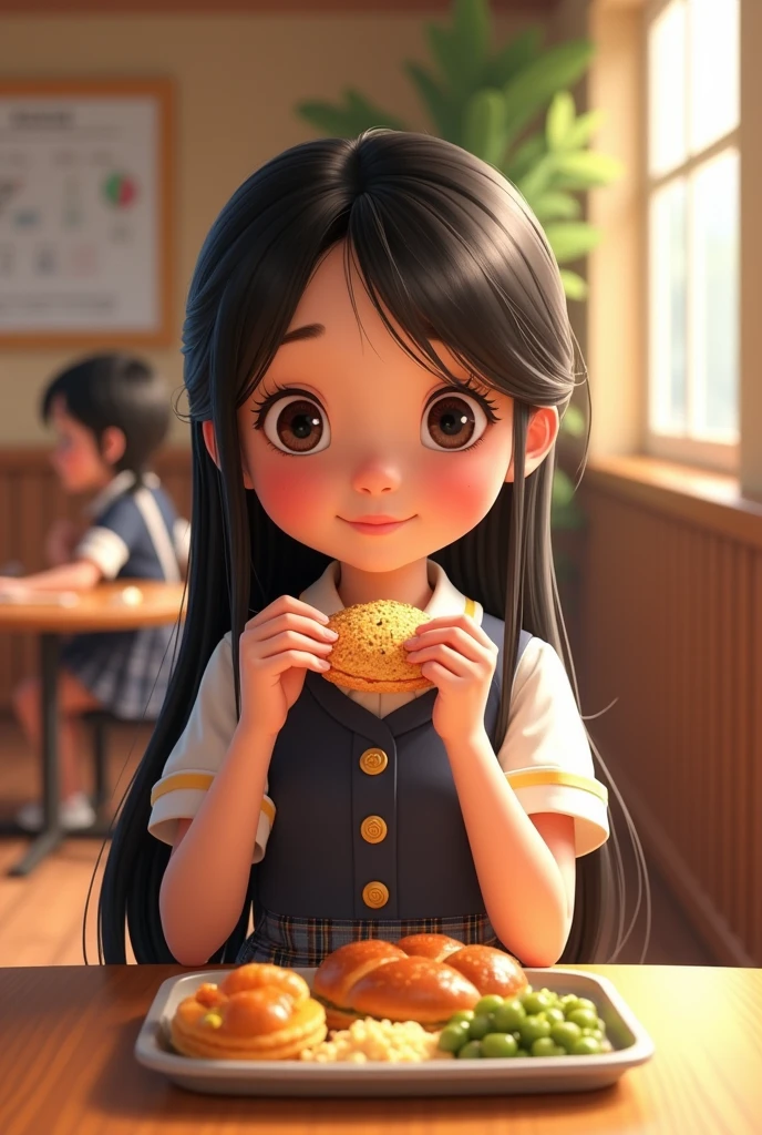 Generates a Disney Pixar type image of a white girl with long black hair eating lunch in a uniform