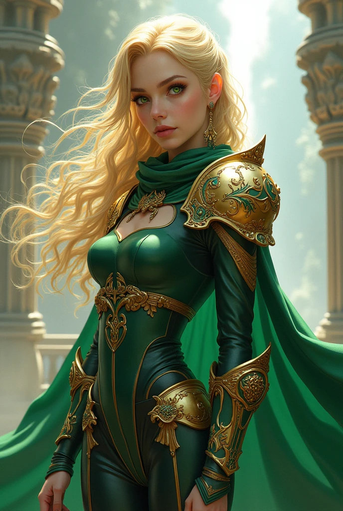 hair: Ryokku has blonde hair, with slightly wavy locks that fall messily over her forehead and the sides of her face. The color is a light gold that shimmers softly in the light..
eyes: Her eyes are large and a vibrant emerald green., with an intense shine that reflects their energy and determination. His eyebrows are well defined and slightly arched..
face: Has sharp and well-defined facial features, with a strong jaw and a straight nose. Her skin is clear and looks healthy and radiant.. His facial expression is serene and confident., often with a slight smile.
Upper Clothing:
Shoulder Armor: He wears light armor on his shoulders., in shades of emerald green with gold and silver details. The armor is stylized, with elegant embellishments that add a sophisticated touch without sacrificing mobility.
Neck and Chest Clothing: Wear a tight-fitting garment on the upper torso, in a dark green tone with gold details. The clothing has a fluid design that accentuates your shape and allows freedom of movement..
layer: on your shoulders, It has a light coat of deep green with golden edges. The cape is elegant and flutters gently in the wind., adding a touch of sophistication and fluidity.