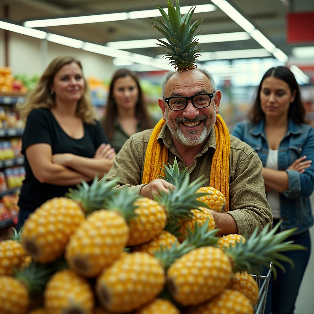 Side view of a short man with thick glasses smiling in the fruit section of a supermarket with a shopping cart filled to the brim with pineapples, Young women look at him with a very serious face and crossed arms, provocative attitude, real image kodak ultra
