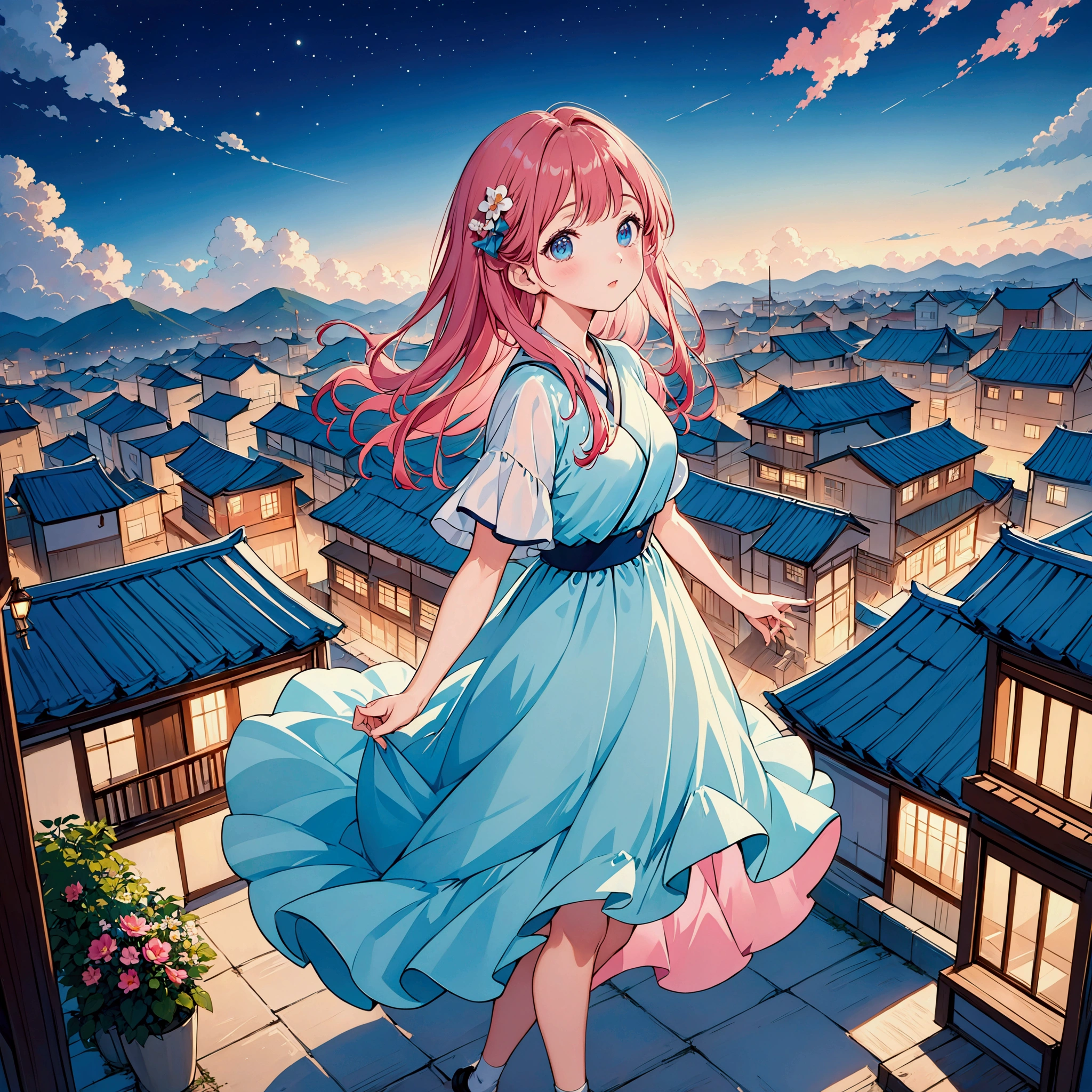 anime cute girl, at night, in top of building, deep blue and pink mixed hair, dark blue eyes, silky hair, wear LightSeaGreen and LightCyan color dress, background: all kind of sized building, night sky, stars on sky,  pink and blue highlights, full body, have some air detailed quality, super detailed highlights, no override on image, advanced detailed quality, advanced quality shadows, masterpiece, art style, cute girl, have masterpiece expression, high quality image, 16k quality, colorful.