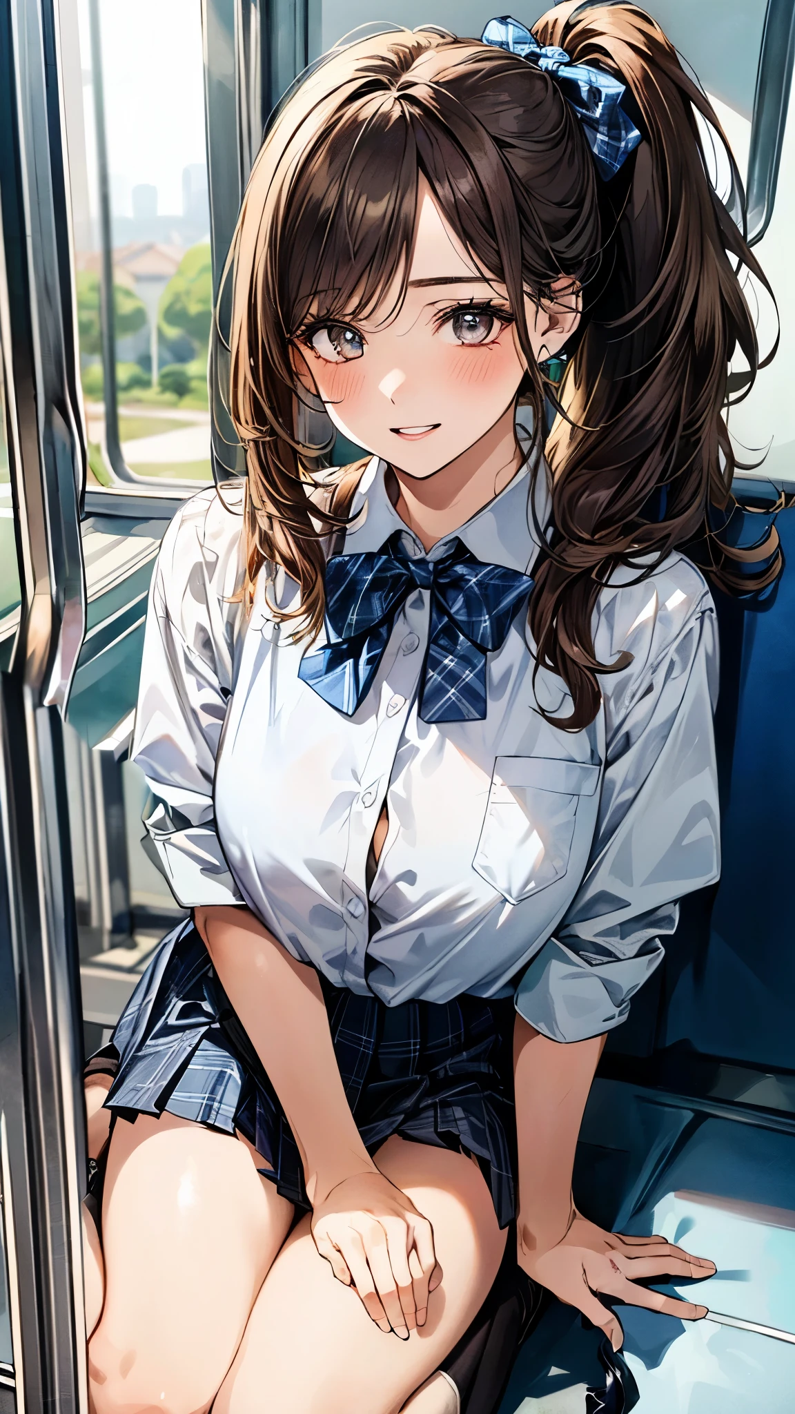 (masterpiece:1.3, top-quality, ultra high res, ultra detailed), (realistic, photorealistic:1.3), beautiful illustration, perfect lighting, natural lighting, colorful, depth of fields, surrealism, 
beautiful detailed hair, beautiful detailed face, beautiful detailed eyes, beautiful clavicle, beautiful body, beautiful chest, beautiful thigh, beautiful legs, beautiful fingers, shiny skin, babyface, 
looking at viewer, selfie, 1 girl, high school girl, (perfect anatomy, anatomically correct, super detailed skin), cute and symmetrical face, perfect face, perfect eyes, 
(long hair, ponytail, wavy hair, chestnut hair), asymmetrical bangs, gold eyes, big eyes, drooping eyes, long eyelashes, (large breasts:1.5, seductive thighs), glamorous, outstanding style, 
(detailed cloth texture, break light blue collared shirt, break light grey plaid pleated skirt, break navy blue plaid bow tie), navy socks, black loafer, 
(beautiful scenery), summer, evening, (on the train:1.1), kneeling, (lovely smile, upper eyes, parted lips), 